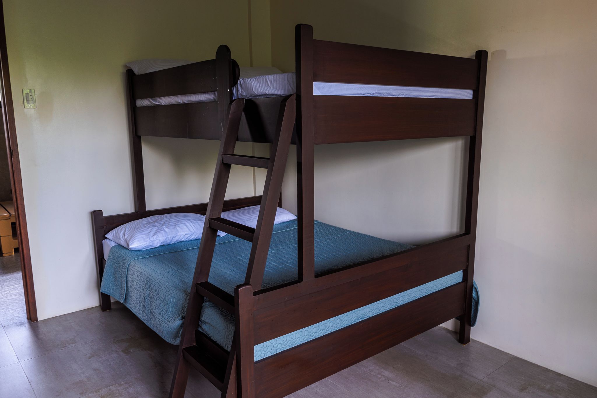 A bunk bed with a ladder, a single bed below, and a plain wall.