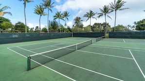 Ein Tennisplatz mit Netz, umgeben von einem Zaun und Palmen.