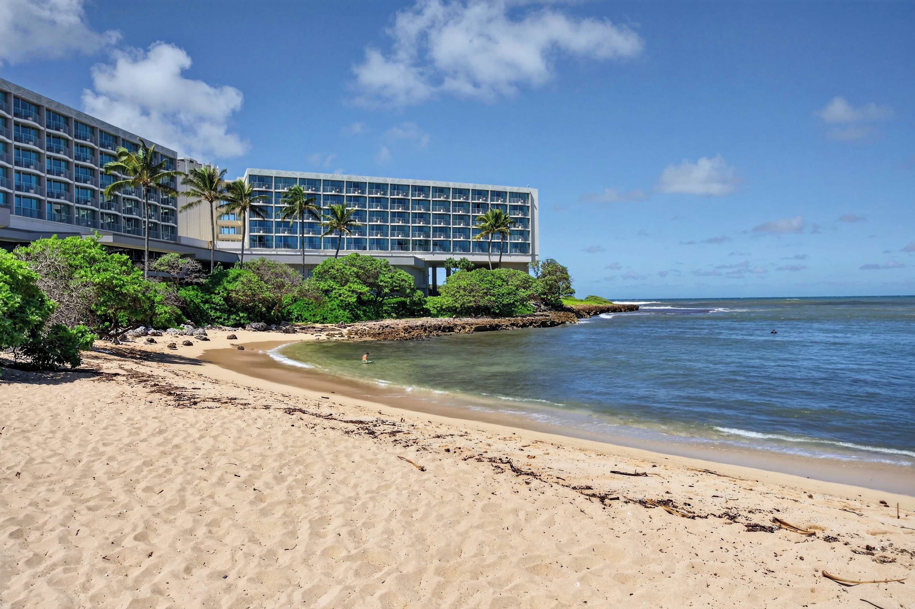 A beachfront hotel with a sandy beach, palm trees, and ocean view.