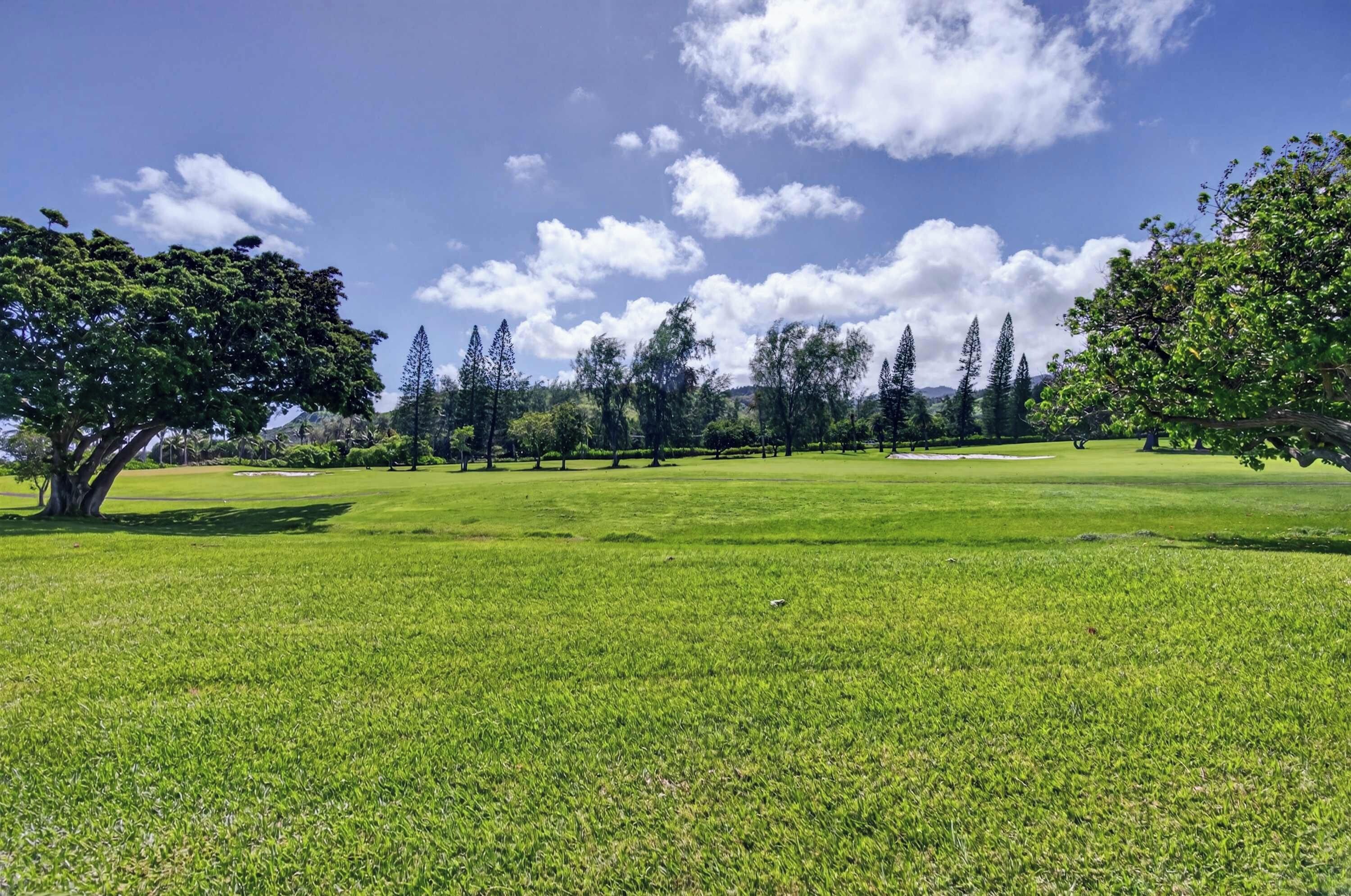 A well-maintained grassy area with trees and a clear sky.