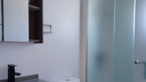 A bathroom with a white toilet, a black faucet, a mirror, and a glass shower enclosure.