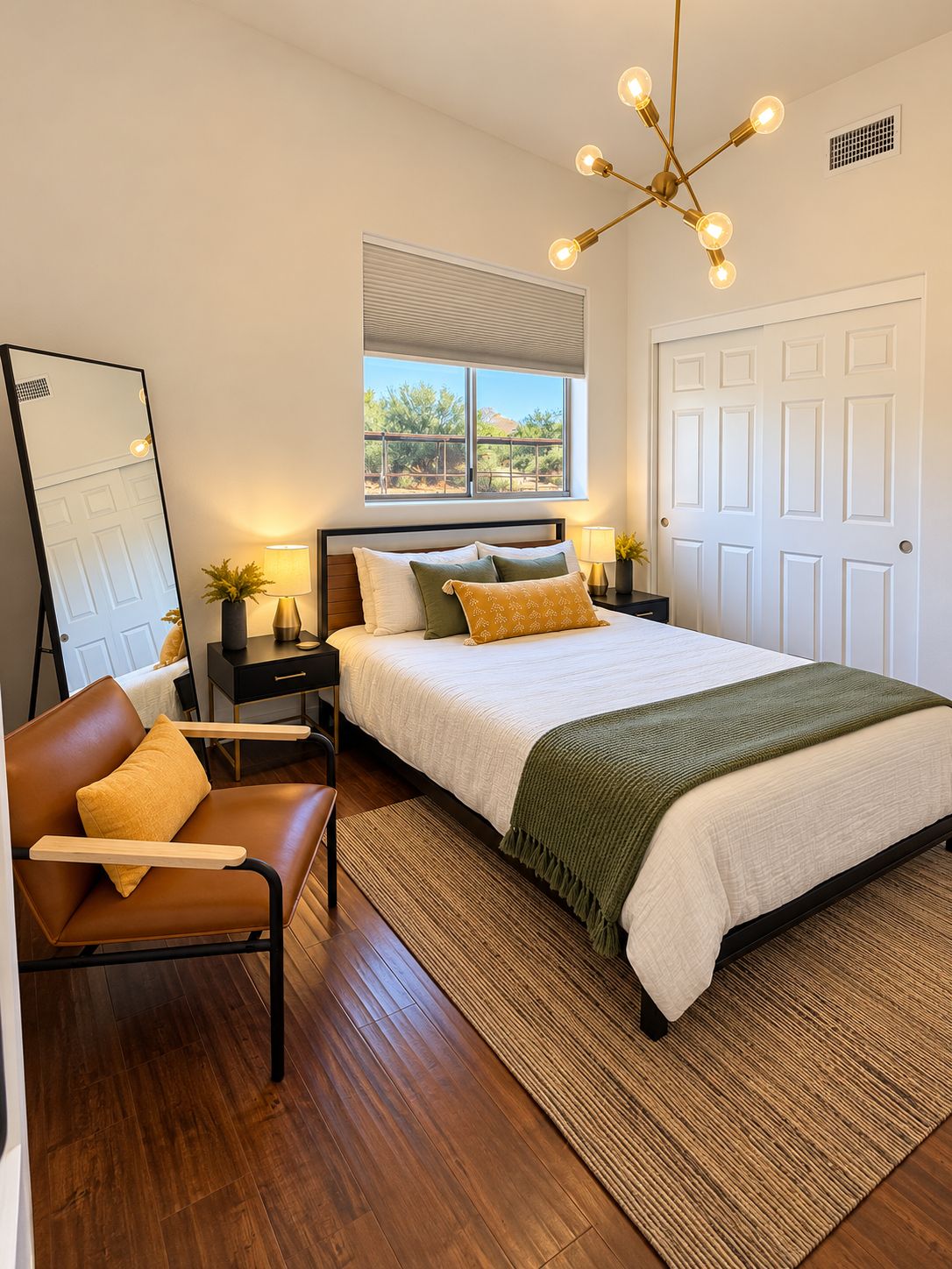 Une chambre à coucher avec un lit, des tables de chevet, une chaise, un miroir et une fenêtre donnant sur un paysage agréable.