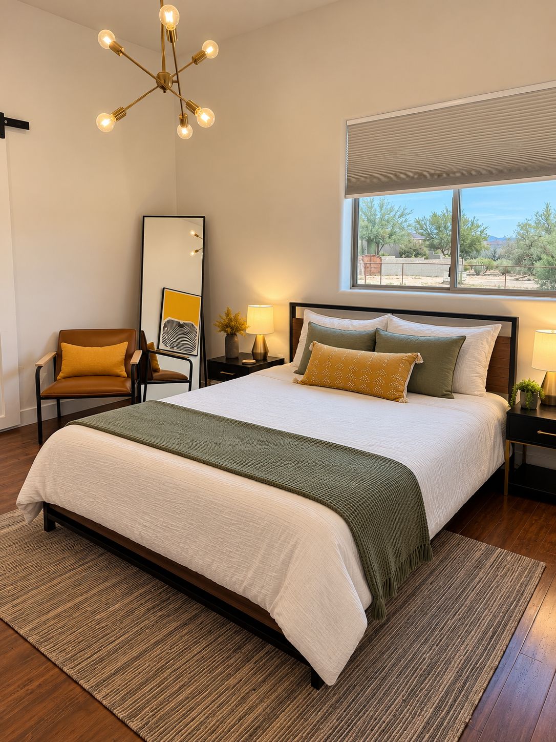 A bedroom with a large bed, a chair, a bedside table with a lamp, a wall-mounted light fixture, and a window with a view.