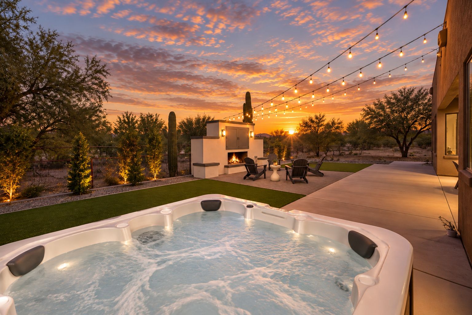 A hot tub with a fire feature, outdoor seating, and string lights against a sunset backdrop.