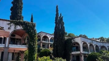 Un patio con una fuente, rodeado de follaje y altos cipreses, con un edificio con arcos al fondo.