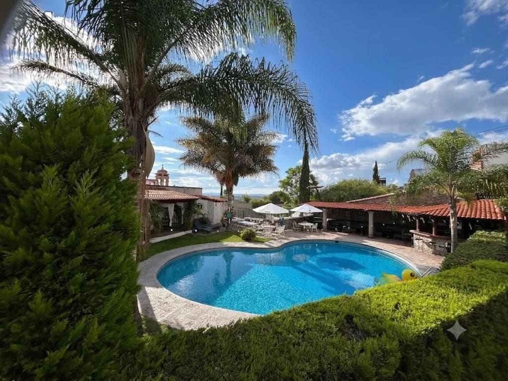 Una piscina rodeada de exuberante vegetación y un cielo azul despejado.