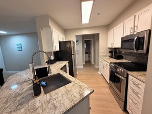 A modern kitchen with granite countertops, stainless steel appliances, and a walk-in pantry. -  The Nestled Oasis ~ Free Parking ~ Minutes to Duke/Downtown (Durham)