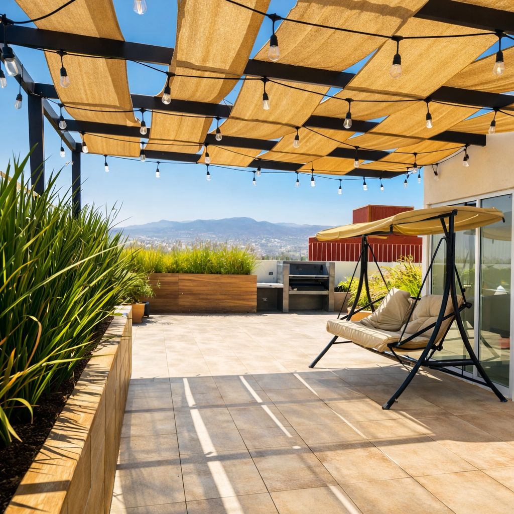 Un patio exterior con una silla colgante, una parrilla de barbacoa y vistas de la ciudad.