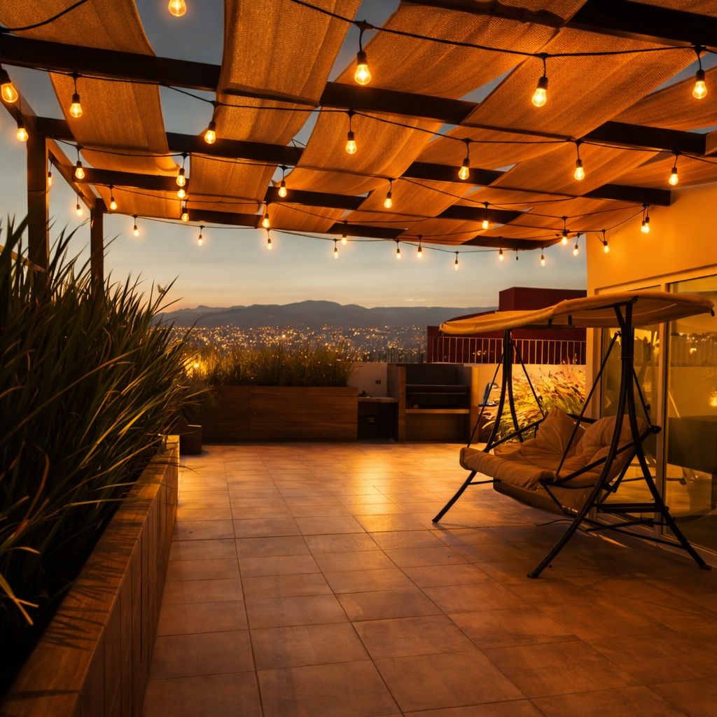 Une terrasse extérieure offrant une vue sur la ville au crépuscule, illuminée de guirlandes lumineuses et agrémentée d’un fauteuil suspendu.