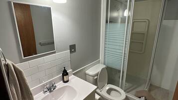 A bathroom with a white sink, mirror, and toilet. There is a shower area with a glass door.