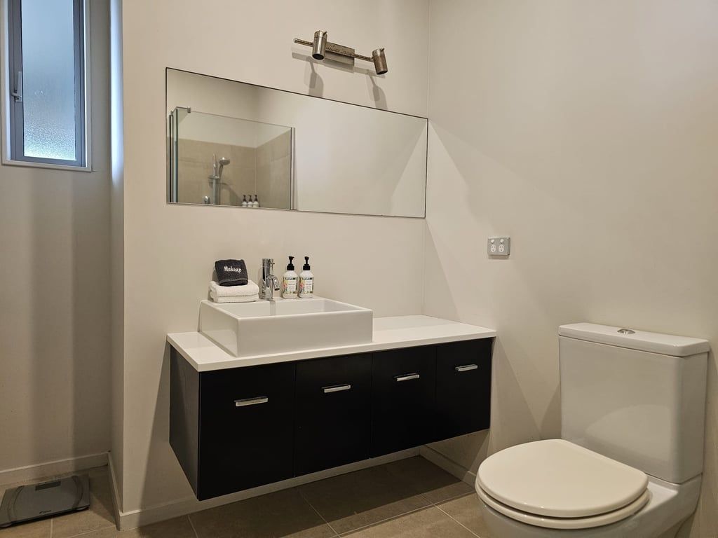 A modern bathroom with a white sink, black cabinets, a toilet, and a mirror above the sink.