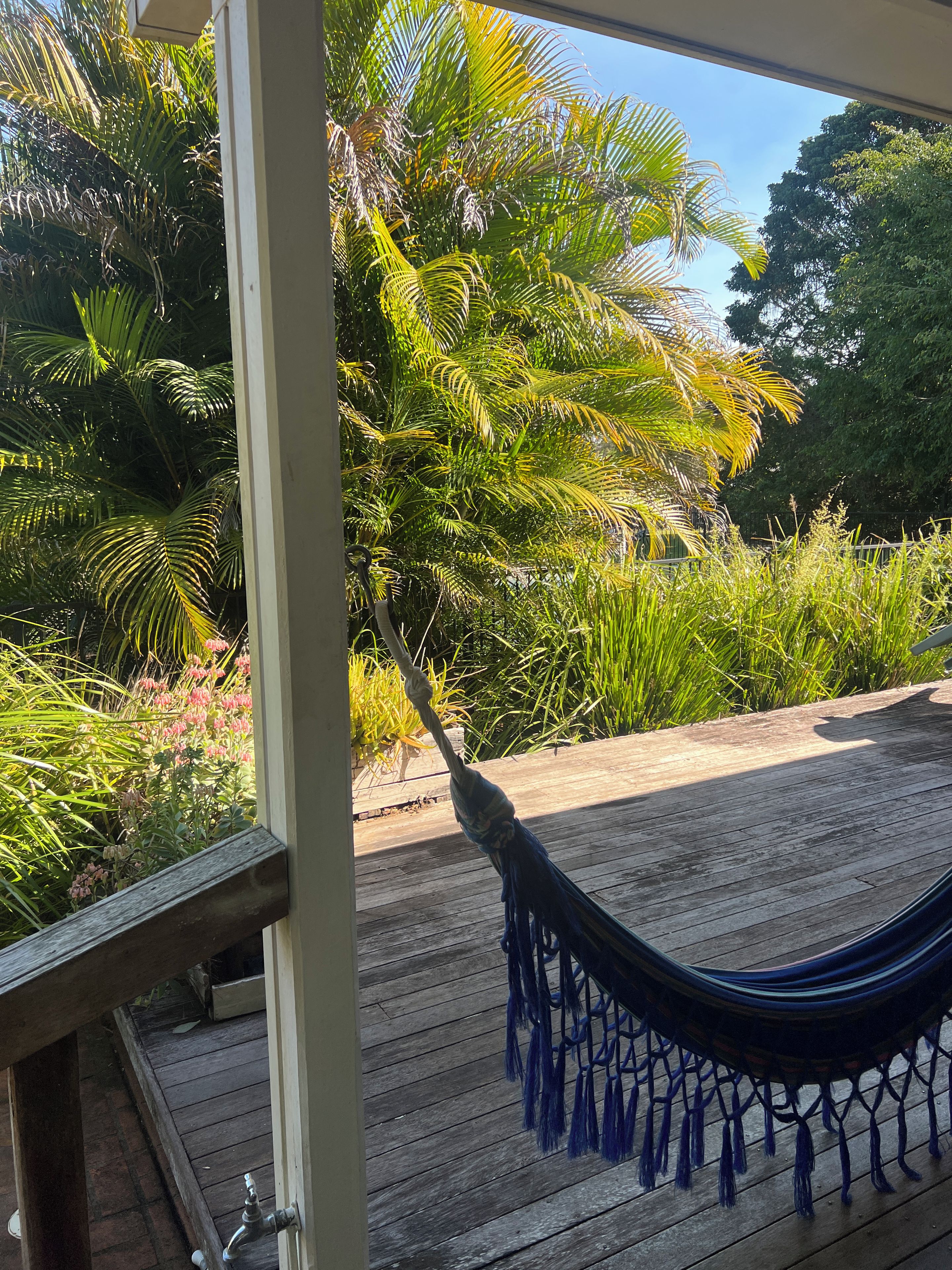 A hammock on a wooden deck with a view of tropical foliage.