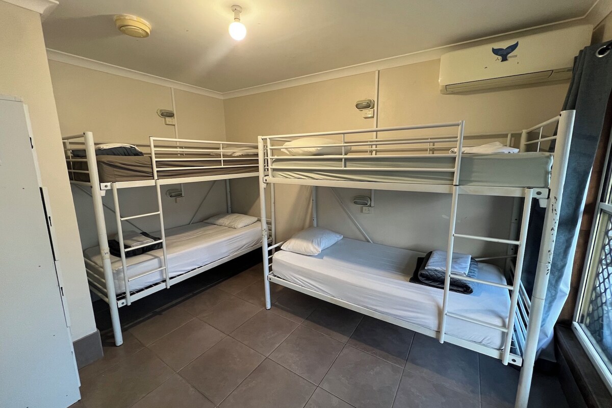 A bunk room with three bunk beds, a window with a view, and a ceiling light.