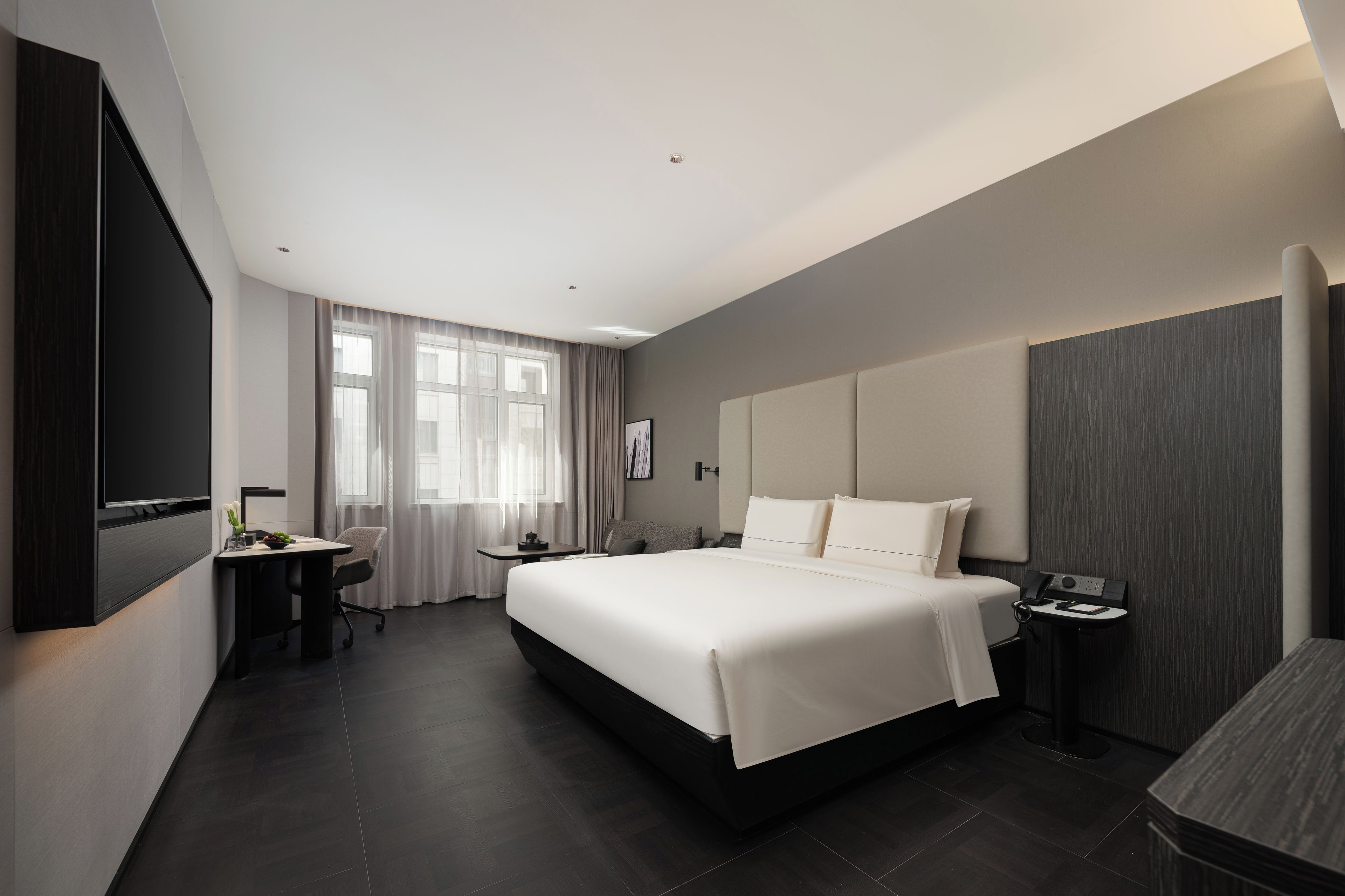 Desk, laptop workspace, free WiFi, bed sheets