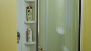 Een douchecabine met glazen wanden, een witte deur en een plank met toiletartikelen.