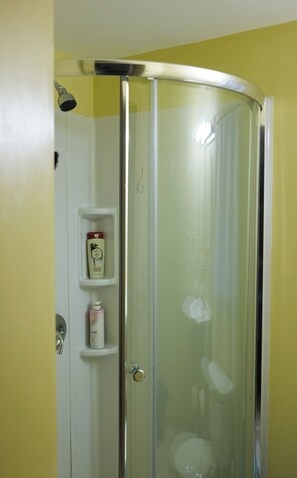 Une cabine de douche fermée par des parois en verre, avec une porte blanche et une étagère contenant des articles de toilette.