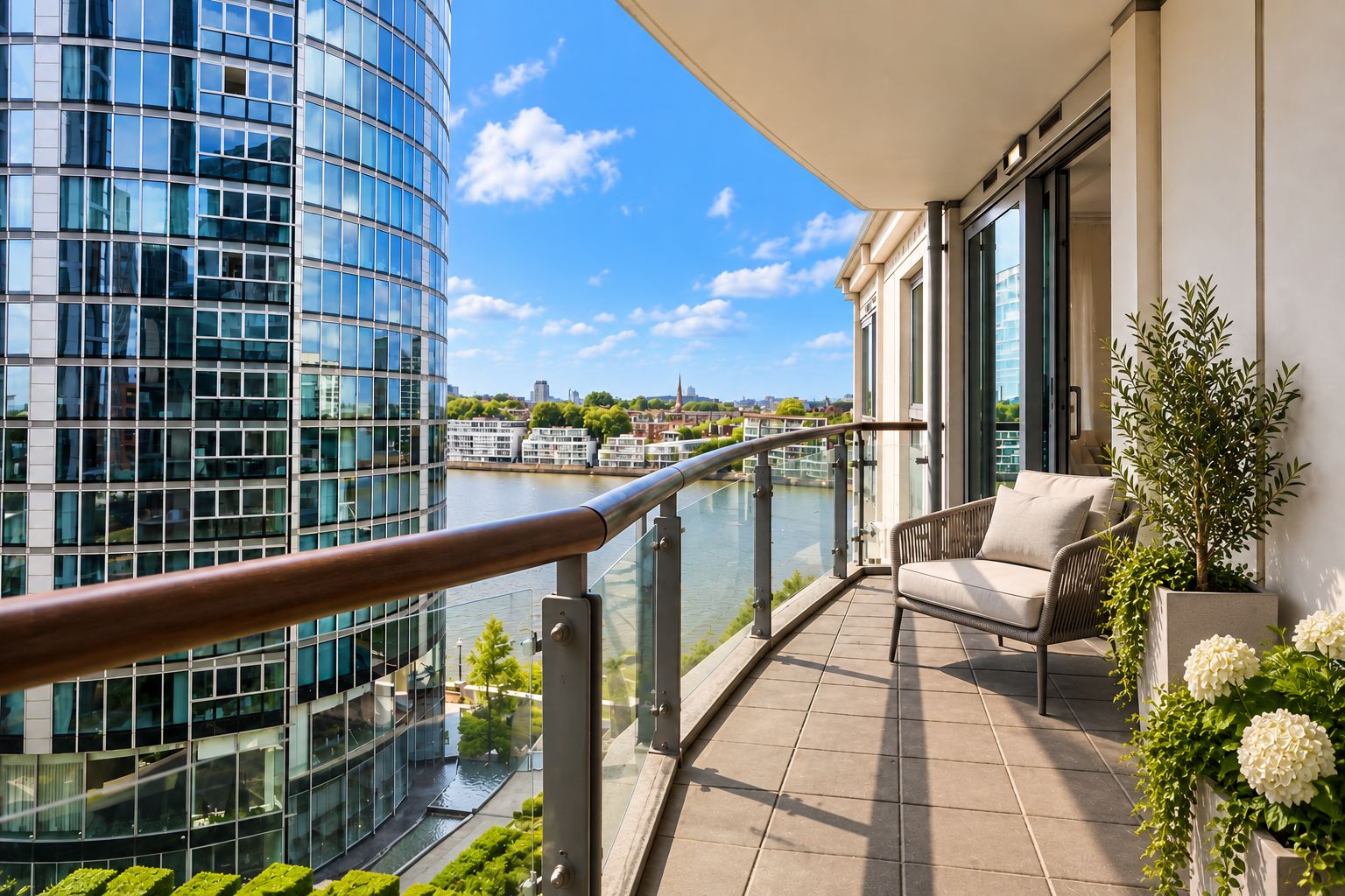 Un balcon donnant sur une rivière, un immeuble moderne et une chaise.