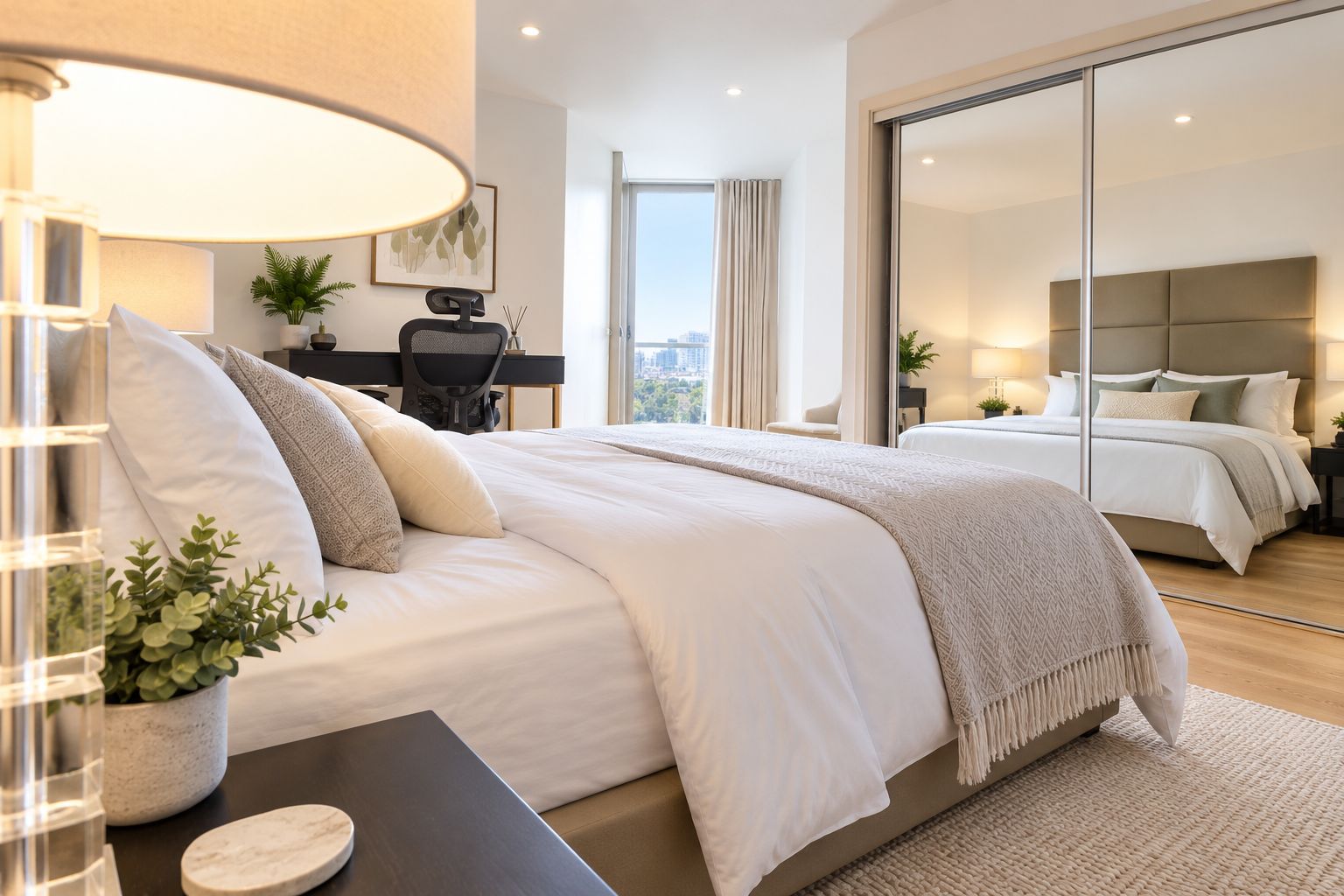 Une chambre moderne avec un grand lit, un bureau et une vue sur la ville grâce à une grande fenêtre.
