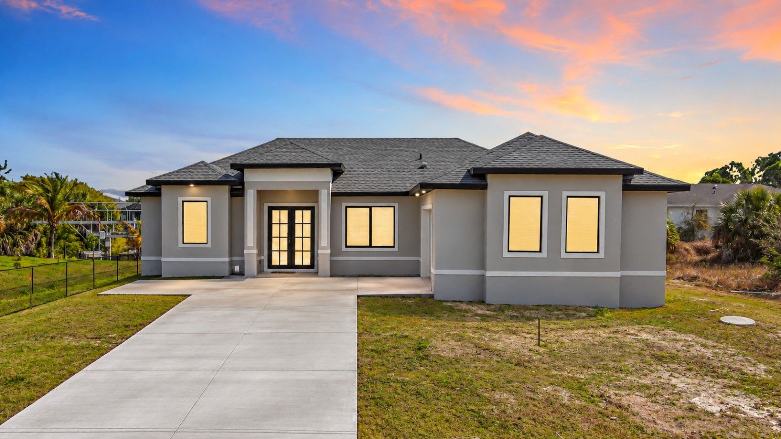 A modern two-story house with a concrete driveway, a garage, and a well-maintained lawn.
