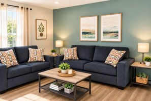 A living room with two dark sofas, patterned throw pillows, a coffee table, and two wall-mounted lamps. - Punta Gorda Waterfront Retreat Pool Sleep 10 (Port Charlotte)