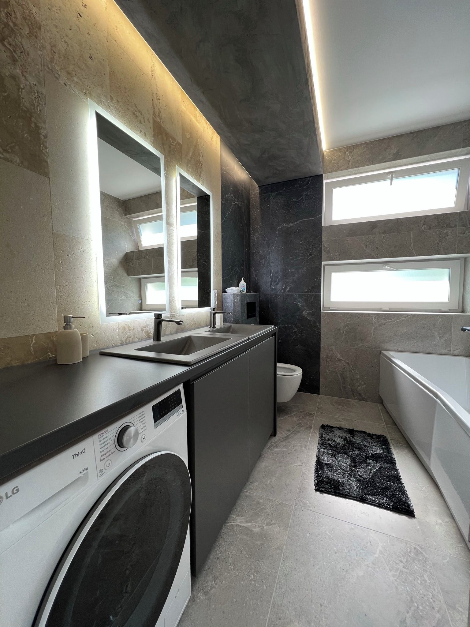Hair dryer, towels, soap, toilet paper