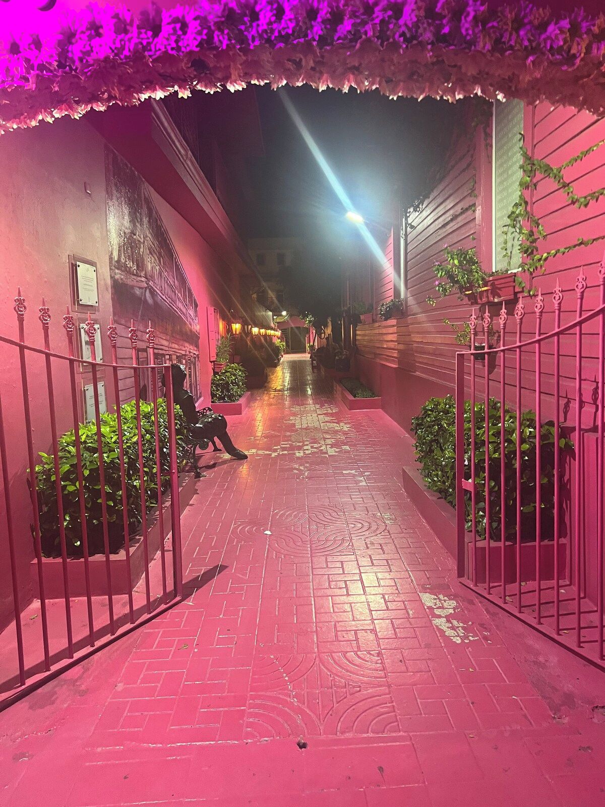 Un callejón estrecho con pavimento de ladrillo rojo, puertas metálicas a ambos lados y una farola.