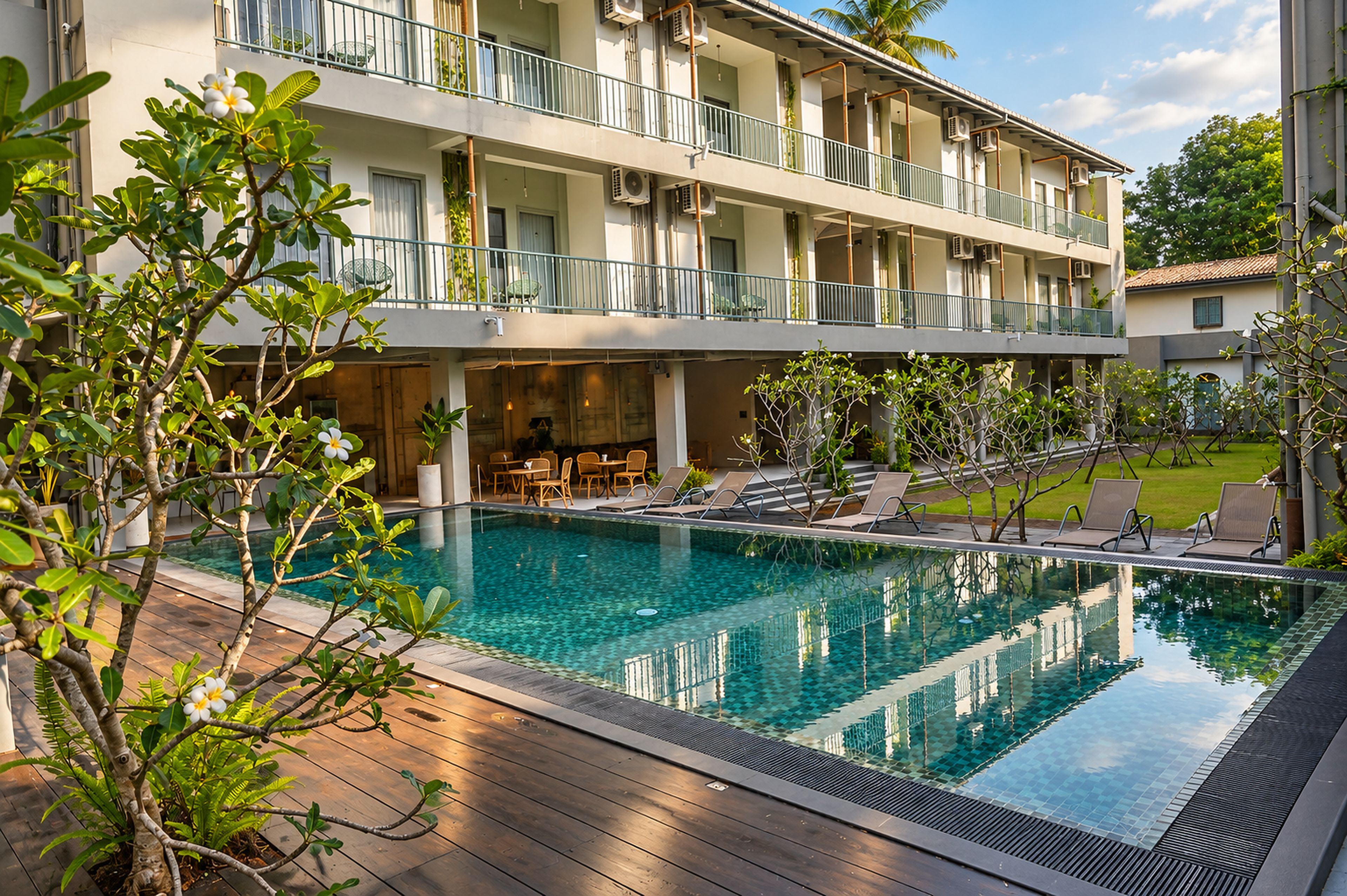 A hotel with a pool, outdoor seating, and a garden.