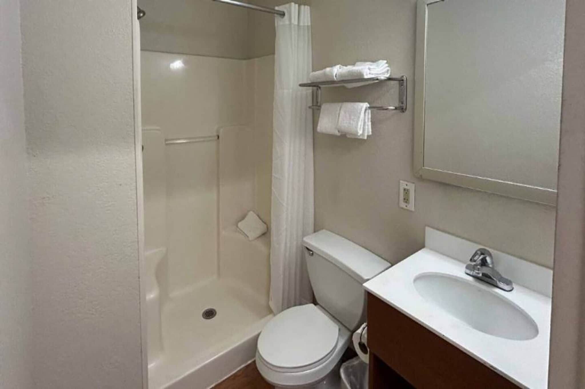A bathroom with a shower, toilet, sink, and a mirror.