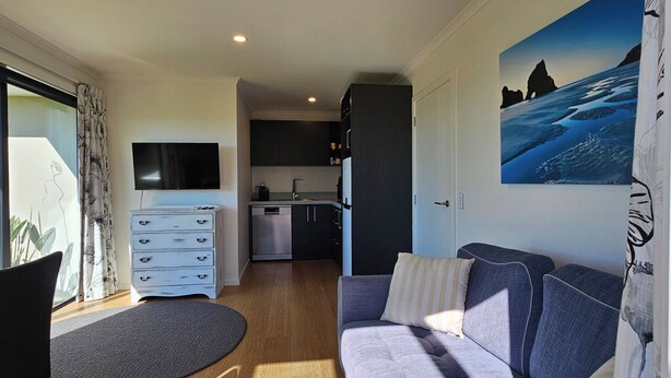Een moderne woonkamer met een bank, een televisie, een keukenhoek en een schilderij aan de muur.