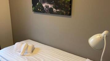 A single bed with white bedding, a wall-mounted painting of a waterfall, and a bedside lamp.