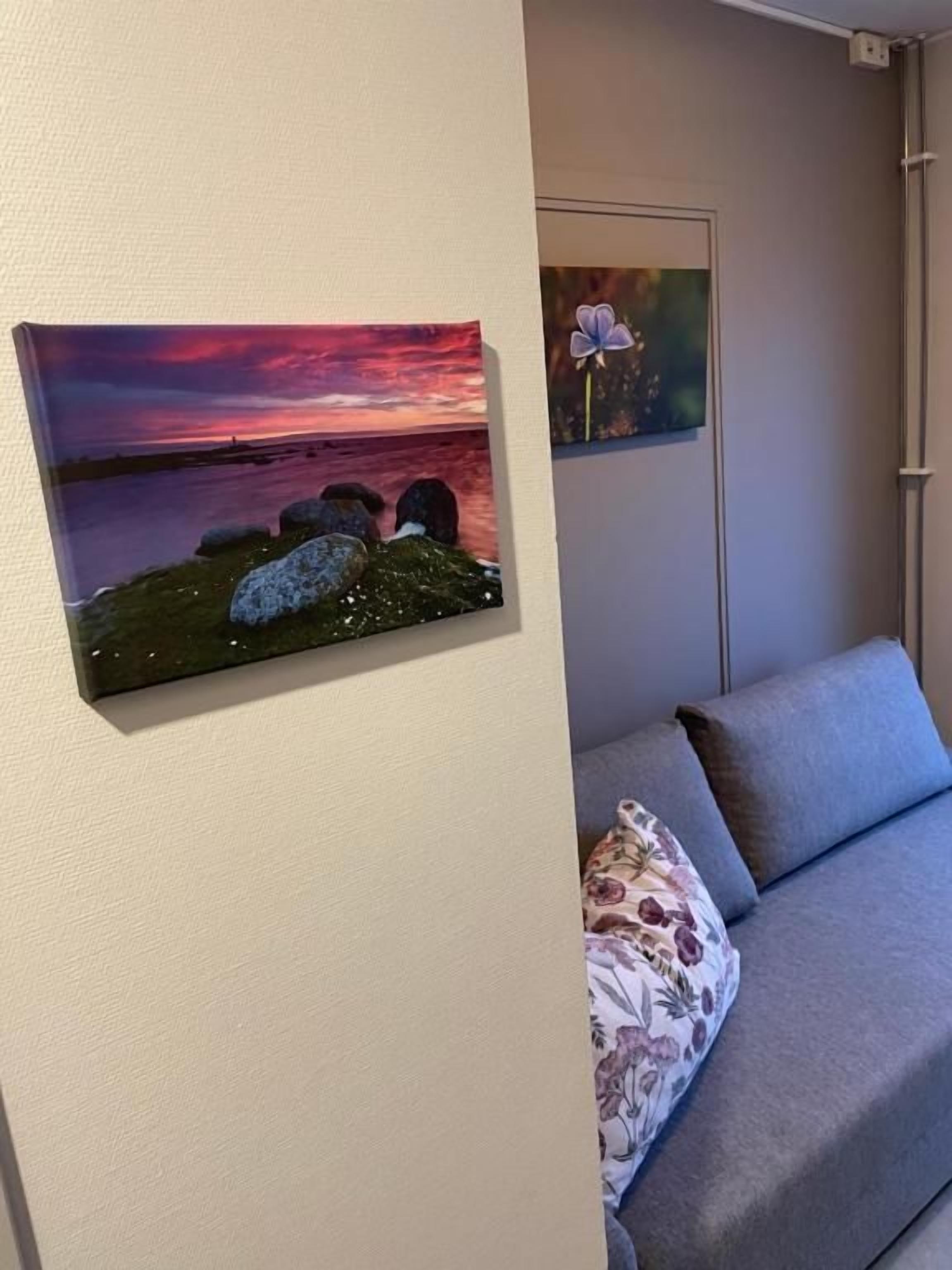 A room with a grey sofa, a painting of a sunset, and a smaller artwork on the wall.