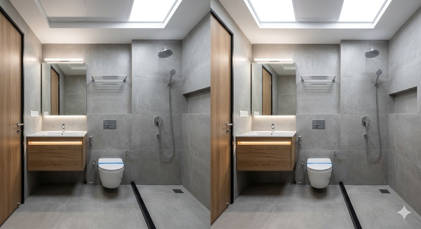 Une salle de bain moderne avec deux lavabos, un miroir et une douche.