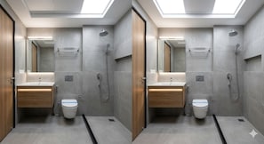 A modern bathroom with two sinks, a mirror, and a shower. - Hotel KPS inn (Karur)