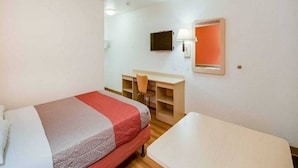 A hotel room with a single bed, a desk with a chair, a television, and a small table. - Sunny Queen Bed Room|Pool|Free Wifi (Bellingham)