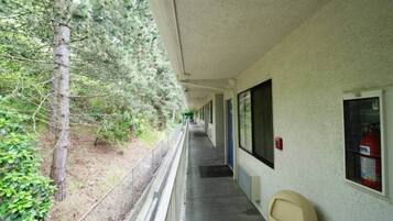 A corridor with a covered walkway, trees, and a fire extinguisher on the wall.