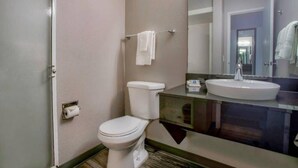A standard hotel bathroom with a toilet, sink, and mirror. - 2 Full bed | Richland (Richland)