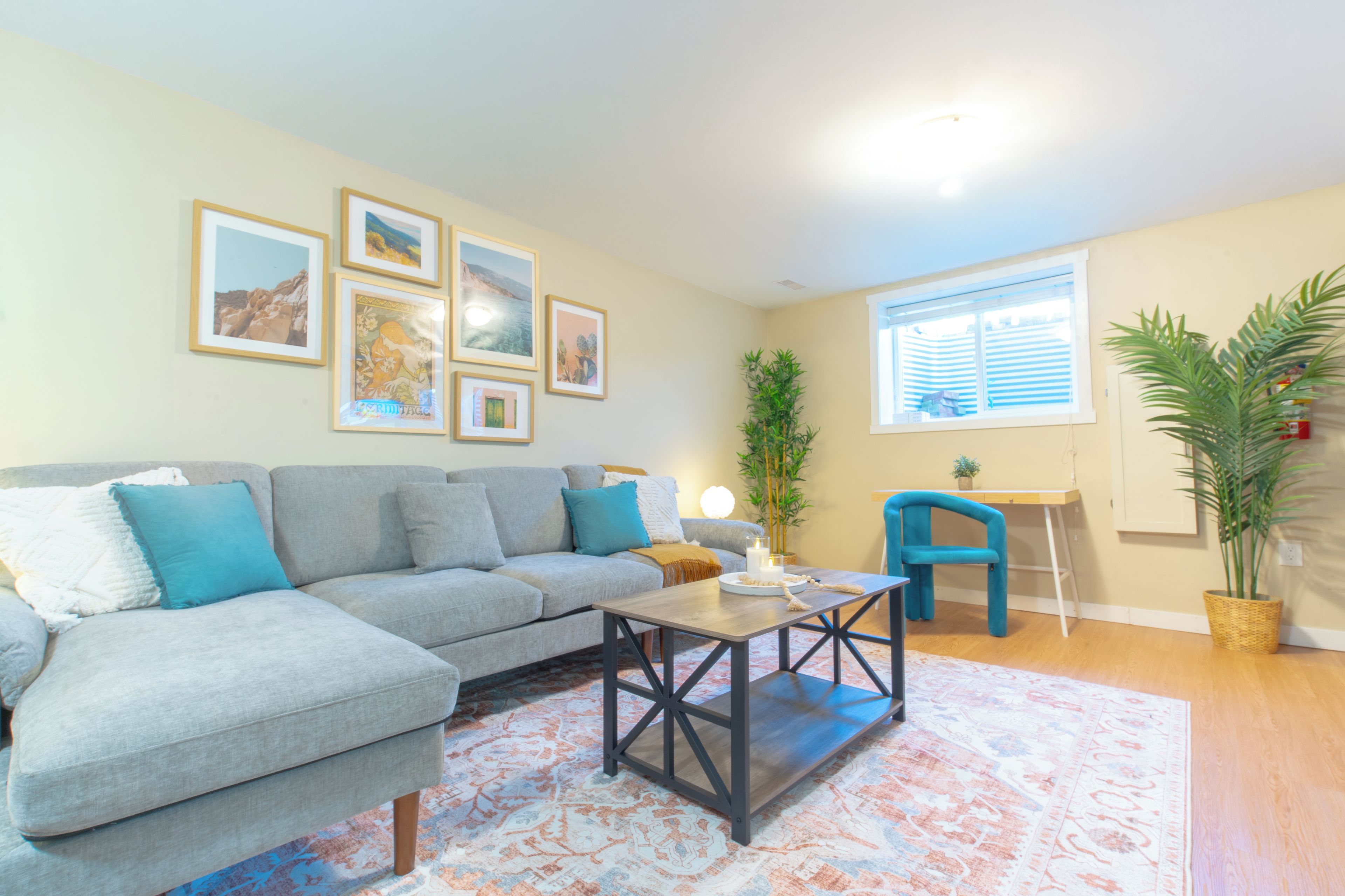 A living room with a grey sofa, a coffee table, a patterned rug, and framed pictures on the wall.