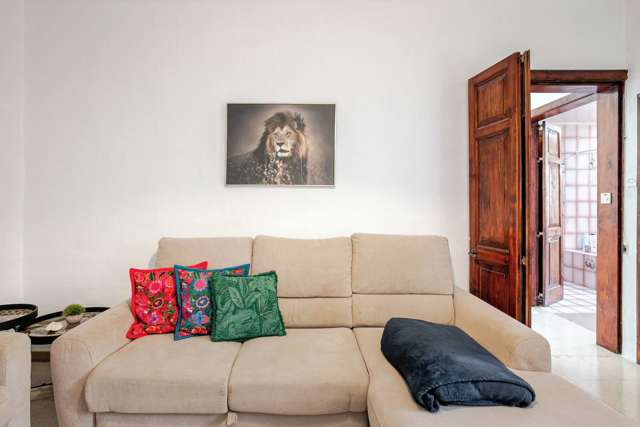 A beige sofa with floral and leaf-patterned cushions, a dark throw blanket, and a framed picture above.