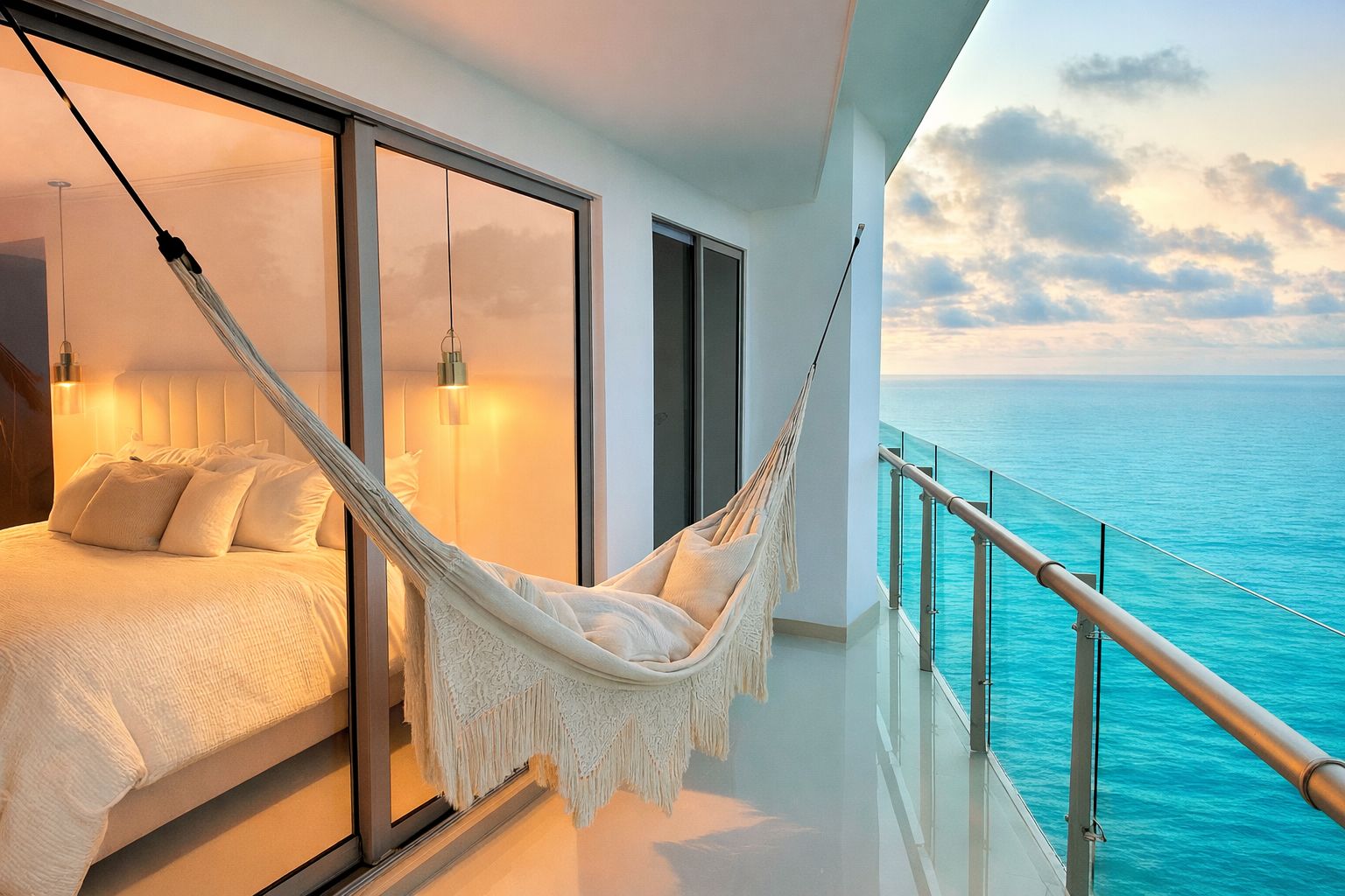 Un balcón con vista al océano, una hamaca y una cama con almohadas.