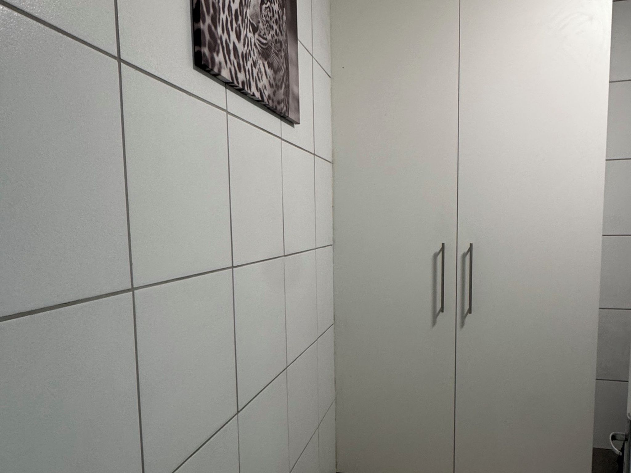 A bathroom with white tiled walls, a single door with a handle, and a framed picture above the door.