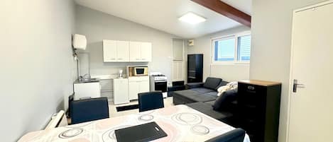 A compact living space with a kitchenette, a sofa, a dining table, and a TV.