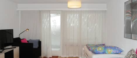 A modern living room with a black sofa, a TV, and a large window with sheer curtains.