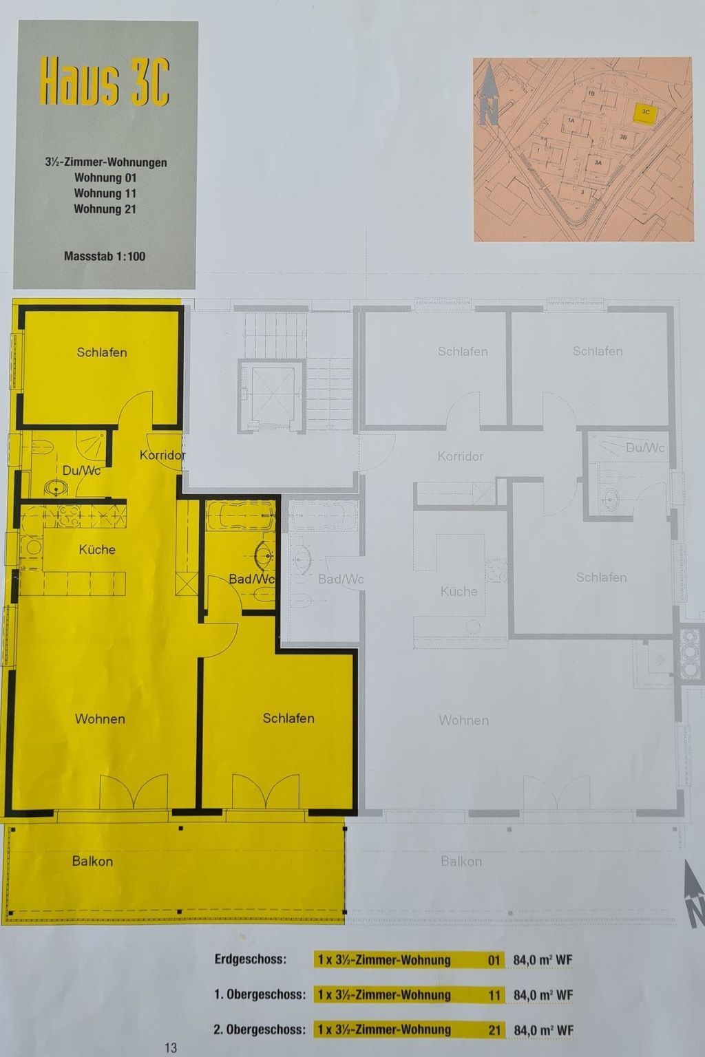 Grundriss einer 3,5-Zimmer-Wohnung mit Balkon, inklusive Wohnzimmern, Schlafzimmern, einer Küche und einem Badezimmer.