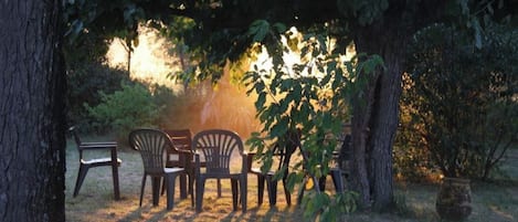 Un área de estar al aire libre con sillas y mesas bajo los árboles, rodeada de césped y arbustos.