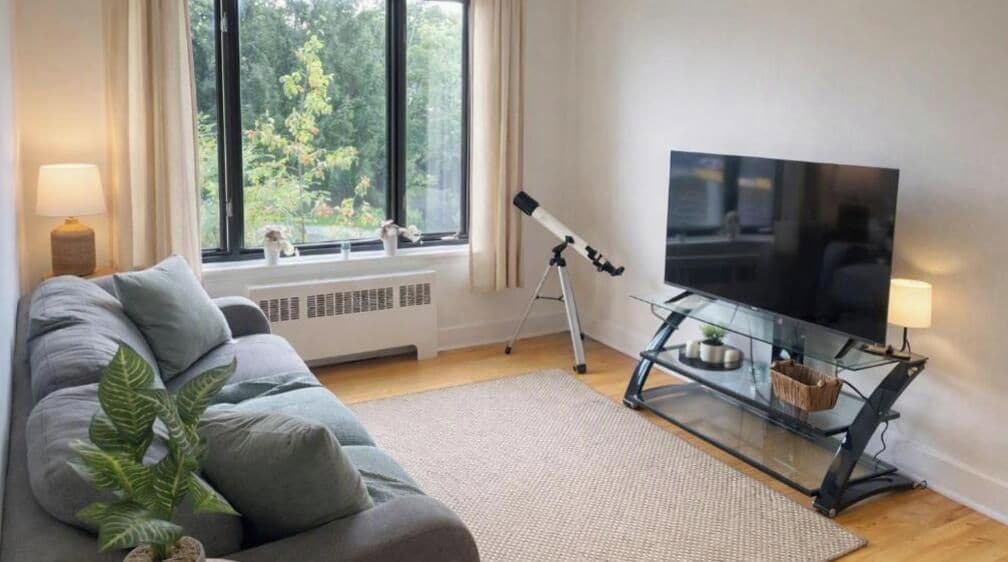 Un soggiorno moderno con un divano, una televisione su un mobile, un telescopio e una finestra che si affaccia su alberi.