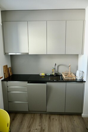 A modern kitchen with a black countertop, stainless steel appliances, and a built-in dishwasher. - M Köhler Appartement/Fewo, Dusche oder Bad, WC 1-Zimmerwohnung by Interhome (Davos)