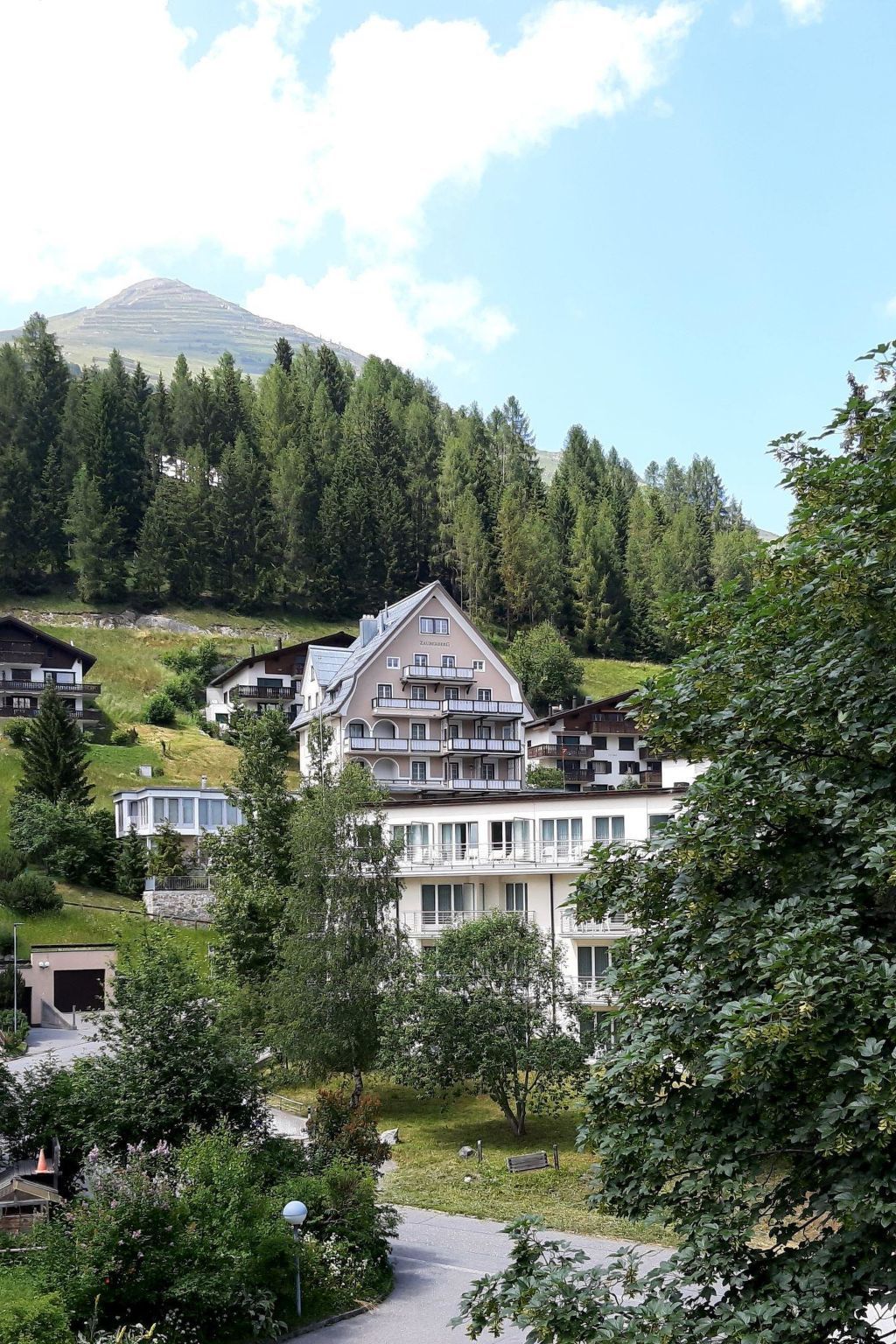 Un hôtel doté de nombreux balcons, entouré d’une végétation luxuriante et avec une montagne en toile de fond.