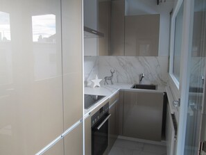 A modern kitchen with a built-in oven, a sink, and a decorative deer figurine on the countertop. - Carlton am Golf C46 Appartement/Fewo, Dusche oder Bad, WC 2-Zimmerwohnung by Interhome (Davos)