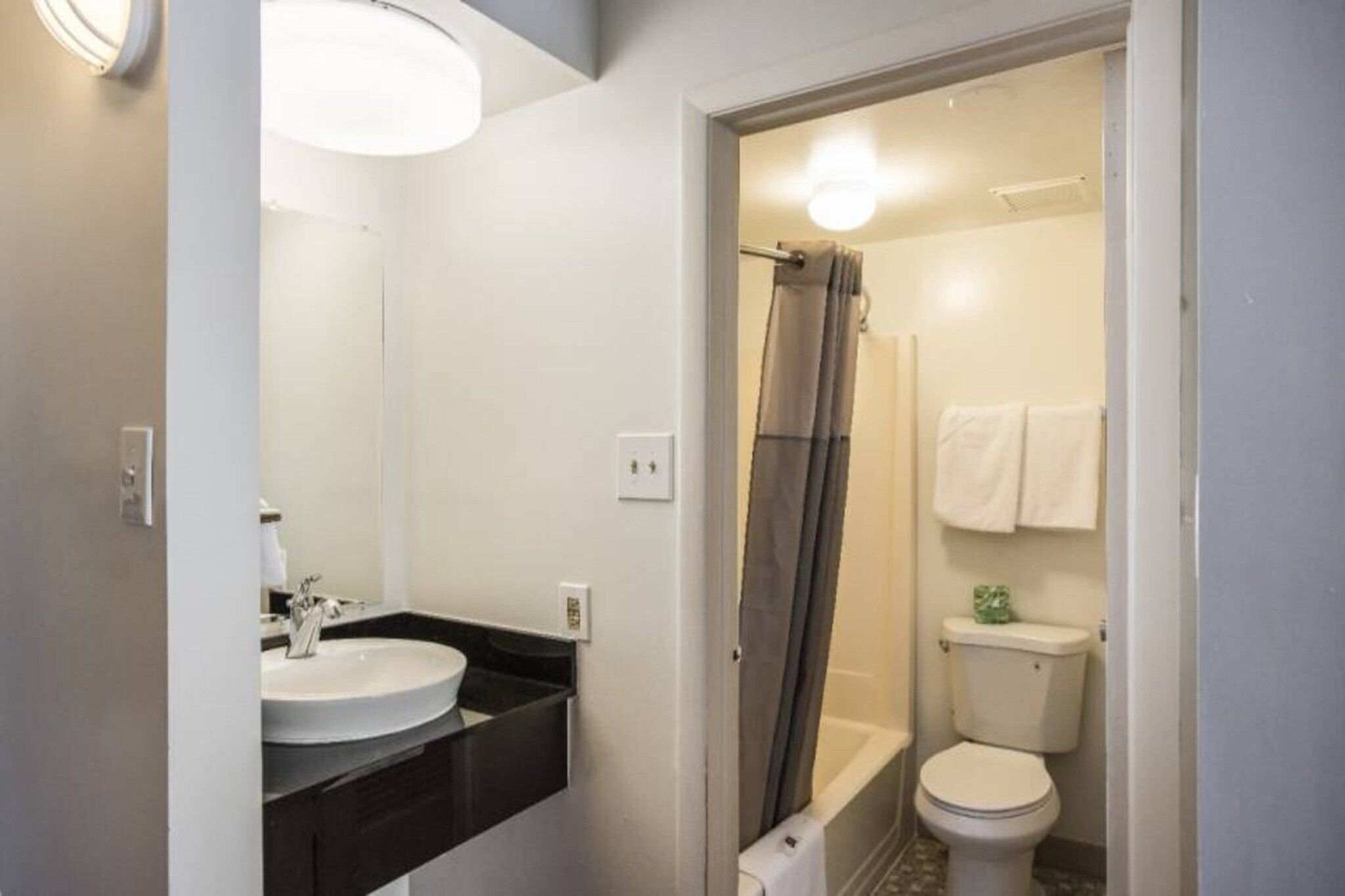 A bathroom with a sink, mirror, shower curtain, and toilet.