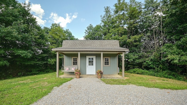 A small, single-story house with a porch, a front door, and two potted plants.